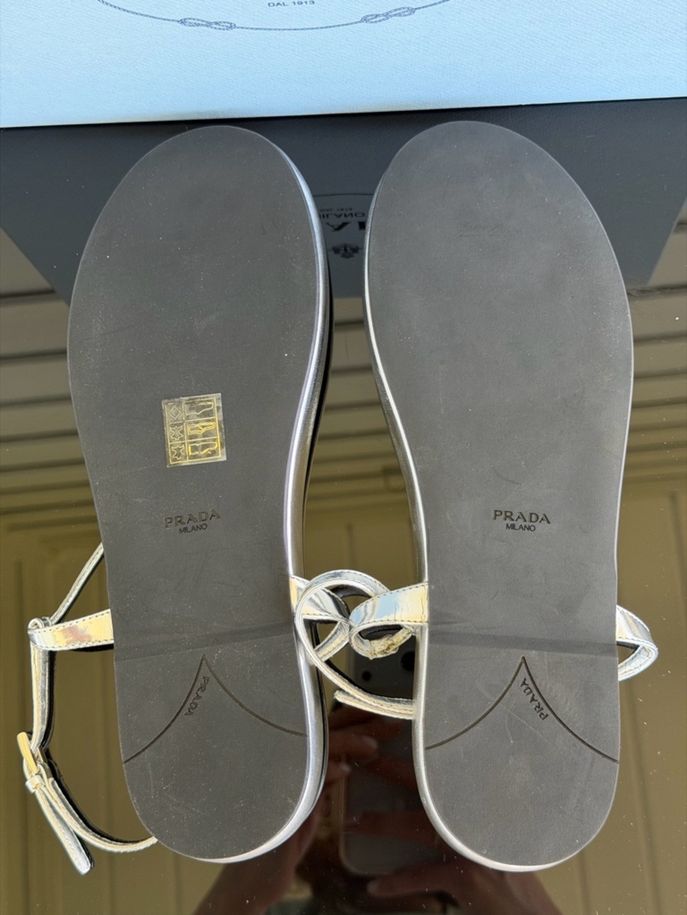 Prada Metallic Silver T-Strap Flat Sandals Size 38.5 Made In Italy new w/defects - Picture 7 of 11